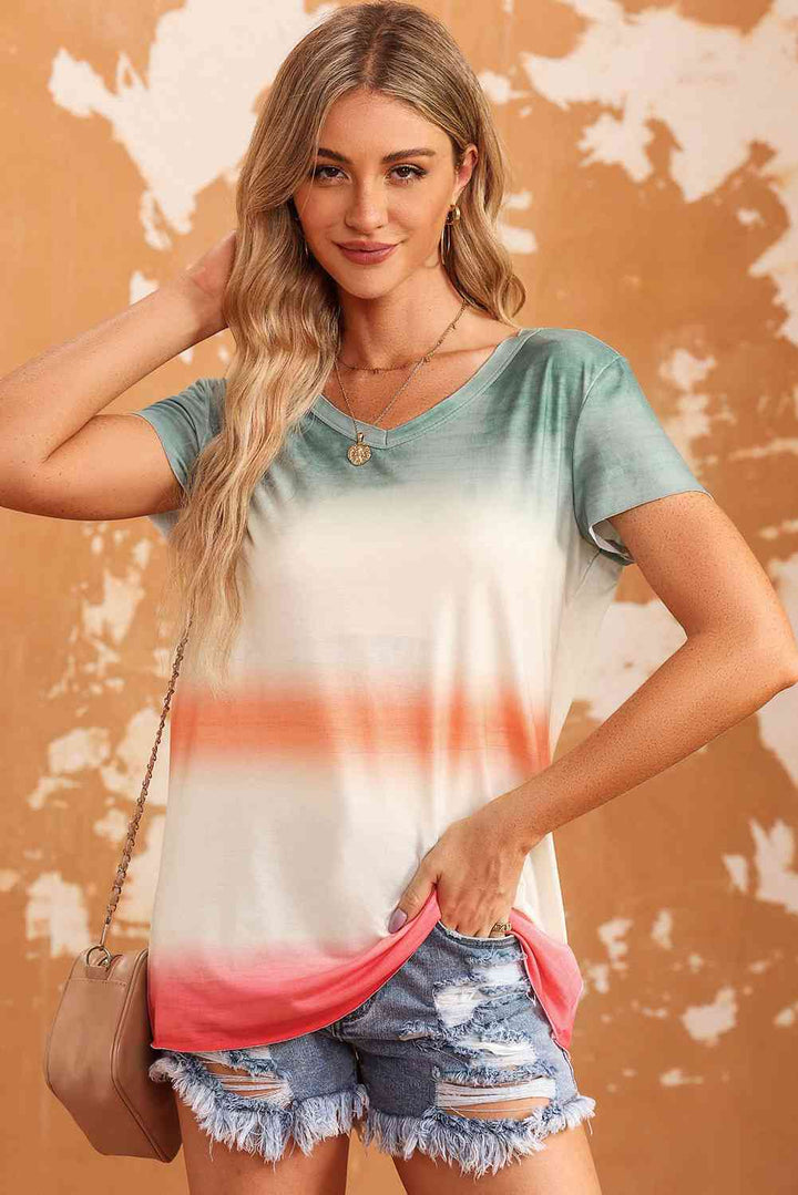 Double Take Tie-Dye V-Neck Short Sleeve Tee | 1mrk.com