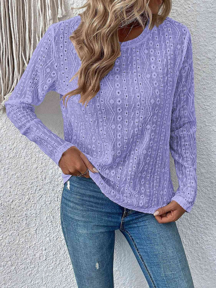 Eyelet Round Neck Long Sleeve Top | 1mrk.com