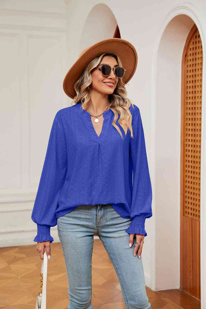 Notched Neck Flounce Sleeve Blouse | 1mrk.com