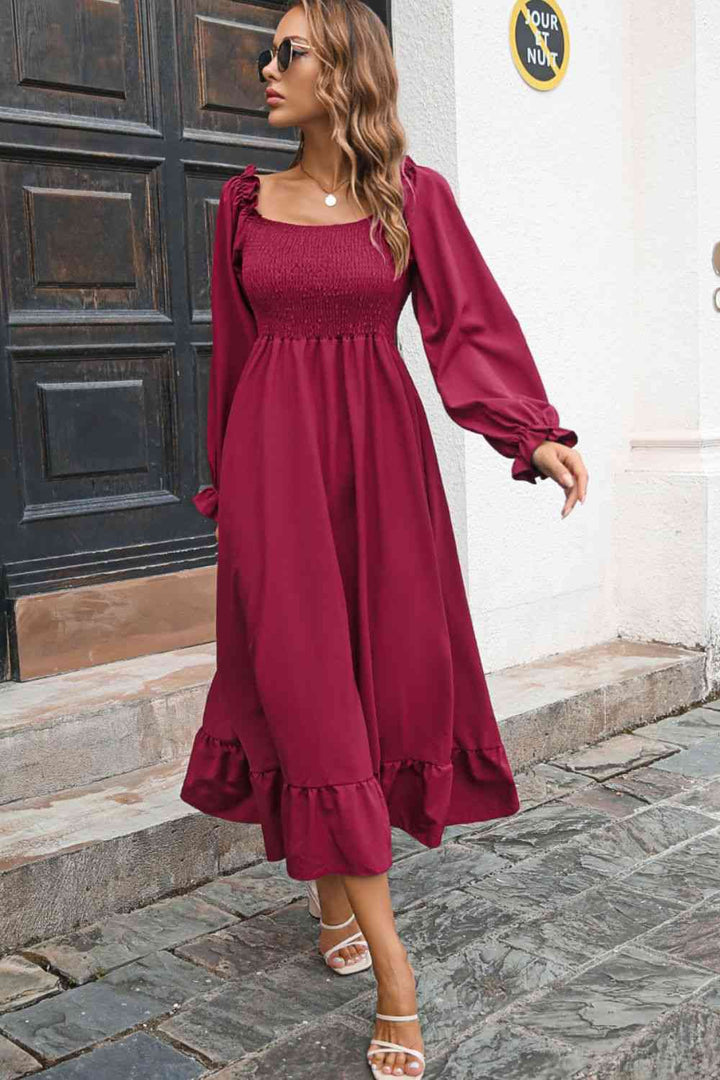 Smocked Ruffle Hem Flounce Sleeve Dress |1mrk.com