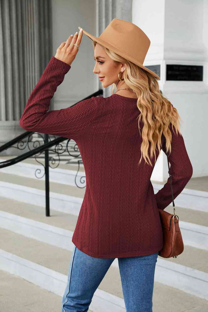 Cable-Knit Long Sleeve V-Neck T-Shirt | 1mrk.com