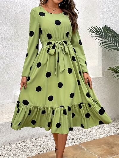 Tied Polka Dot Round Neck Ruffle Hem Dress |1mrk.com