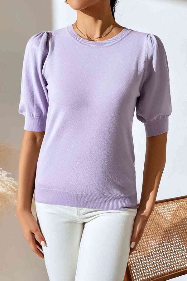 Round Neck Puff Sleeve Knit Top | 1mrk.com