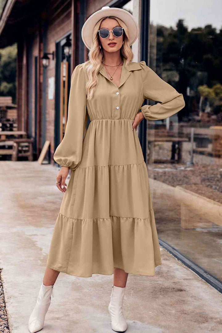 Collared Neck Long Sleeve Midi Dress |1mrk.com