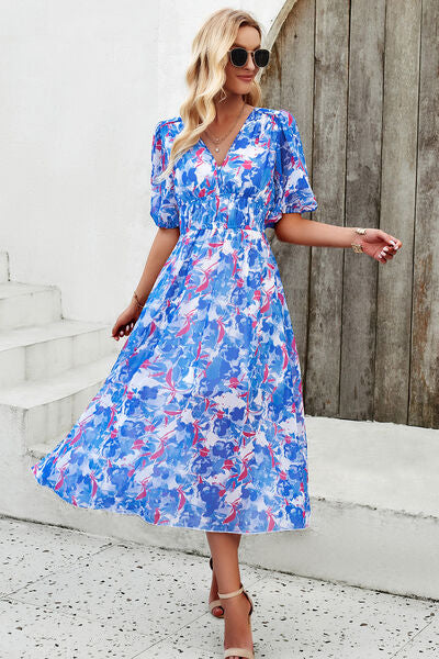 Smocked Printed V-Neck Short Sleeve Dress |1mrk.com