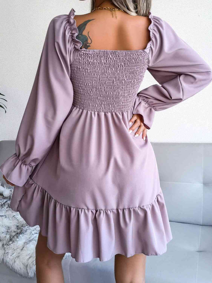 Smocked Flounce Sleeve Square Neck Dress |1mrk.com