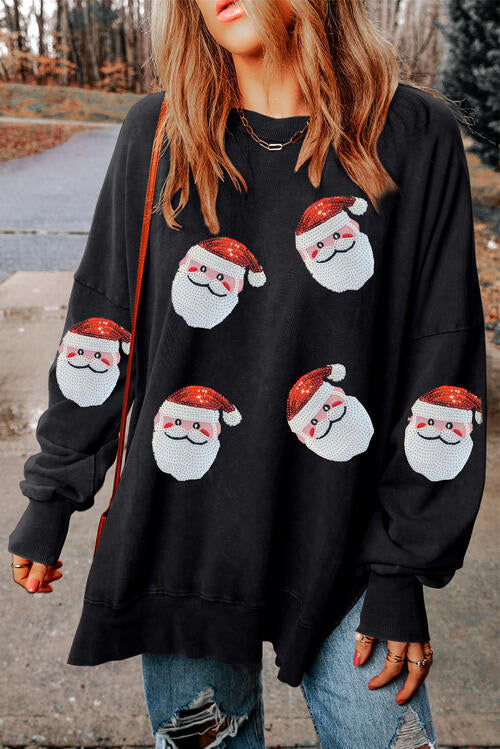 Sequin Santa Round Neck Slit Sweatshirt |1mrk.com