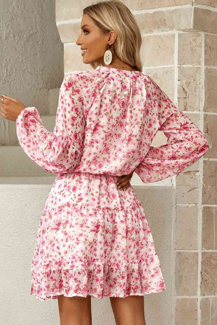 Floral Frill Trim Puff Sleeve Notched Neck Dress |1mrk.com