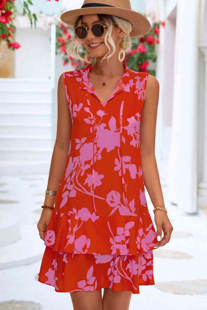 Floral Tie Neck Sleeveless Layered Dress |1mrk.com