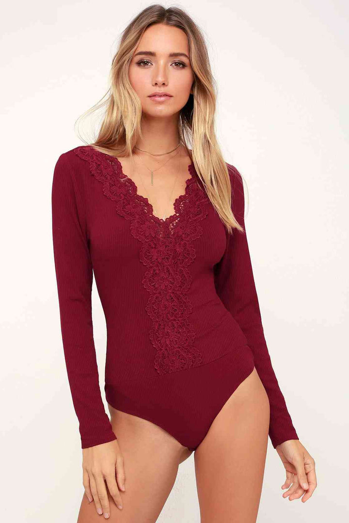 Lace Trim Ribbed Long Sleeve Bodysuit | 1mrk.com