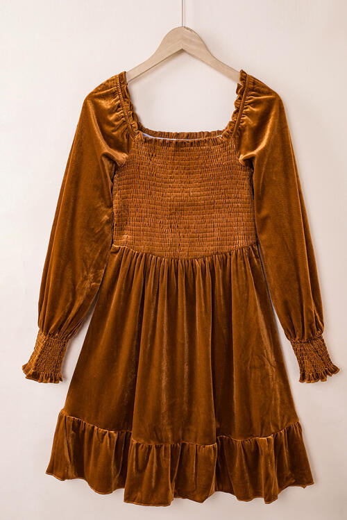 Square Neck Smocked Ruffle Hem Dress | 1mrk.com