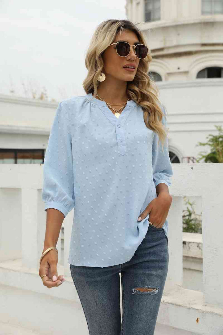 Swiss Dot Notched Neck Three-Quarter Sleeve Blouse | 1mrk.com