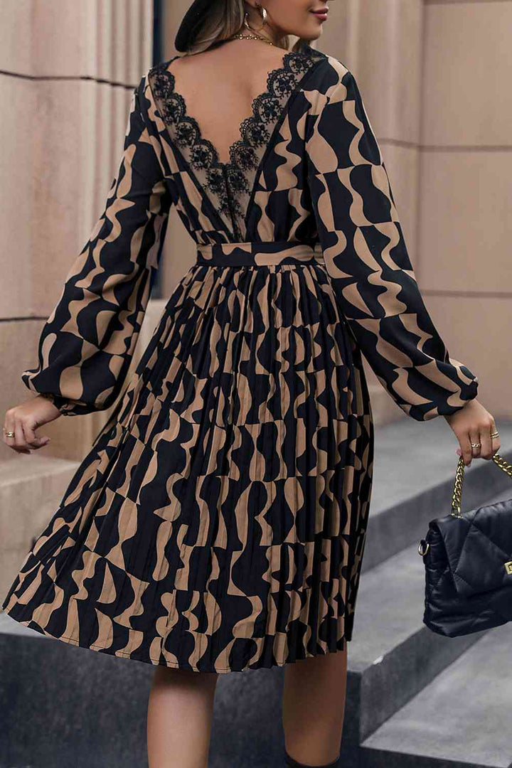 Lace Trim Long Sleeve Tie Waist Dress |1mrk.com