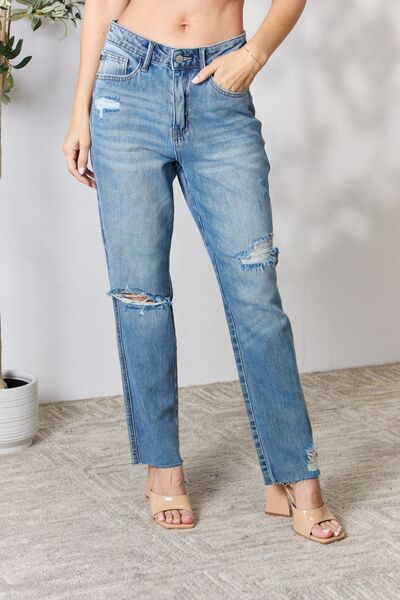 Judy Blue Full Size Distressed Raw Hem Straight Jeans | 1mrk.com