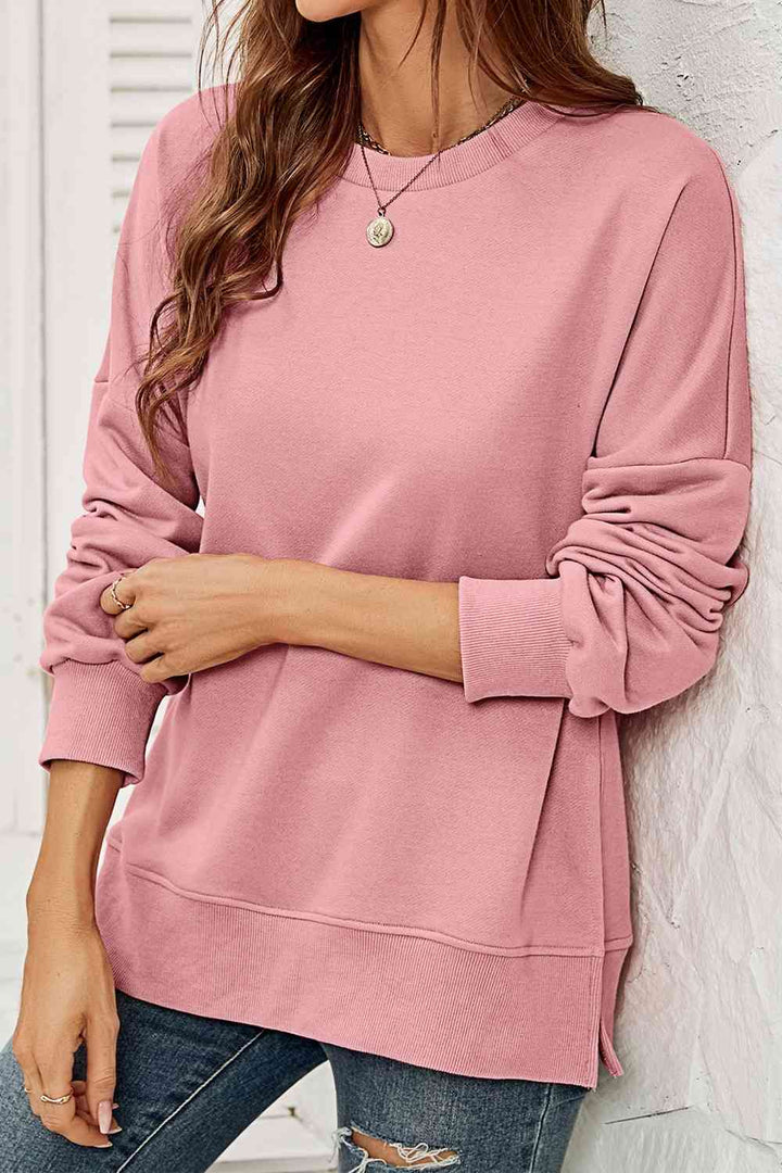 Round Neck  Dropped Shoulder Slit Sweatshirt |1mrk.com