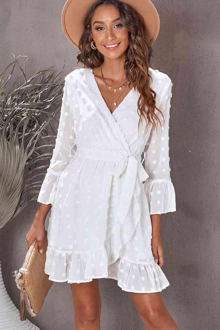 Swiss Dot Ruffled Tie-Waist Surplice Dress |1mrk.com