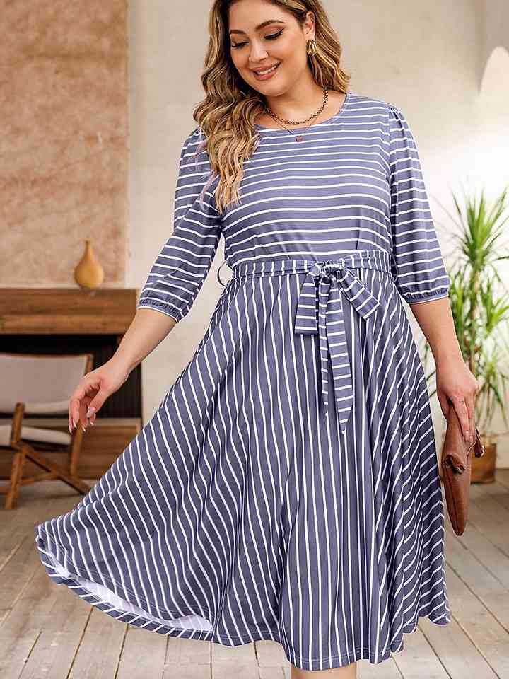 Plus Size Round Neck Striped Tie Waist Dress |1mrk.com