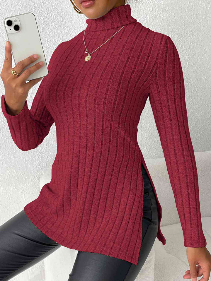 Ribbed Turtleneck Long Sleeve Slit T-Shirt | 1mrk.com