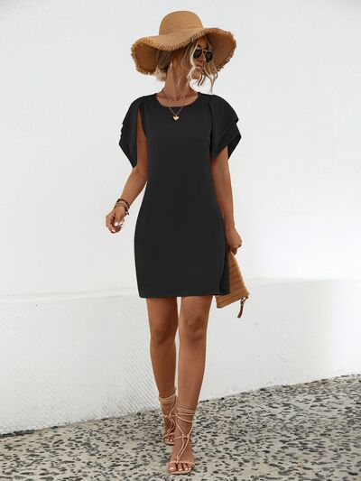 Round Neck Flutter Sleeve Mini Dress |1mrk.com