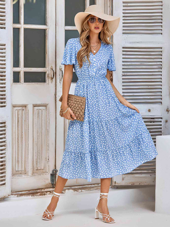 Printed Flutter Sleeve Tiered Dress |1mrk.com