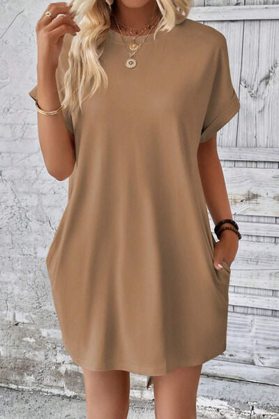 Pocketed Round Neck Short Sleeve Dress |1mrk.com