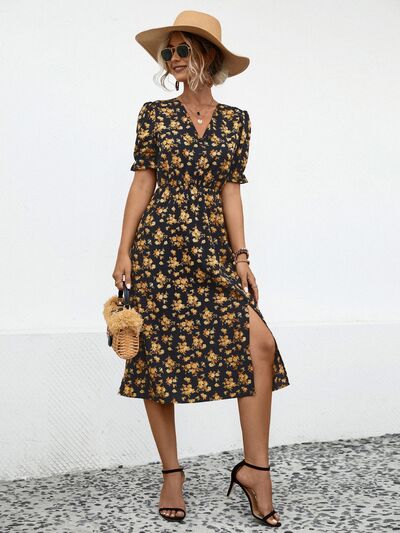 Slit Printed V-Neck Short Sleeve Dress |1mrk.com