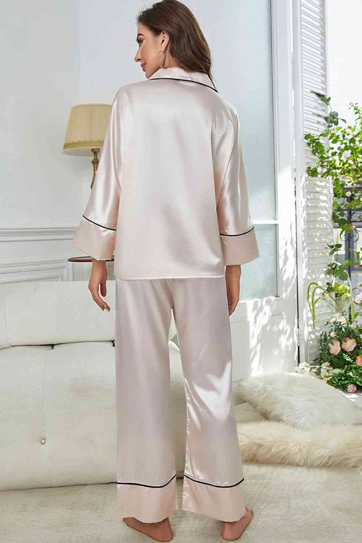 Contrast Piping Button-Up Top and Pants Pajama Set | 1mrk.com