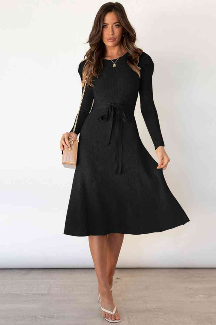 Round Neck Long Sleeve Tie Waist Sweater Dress | 1mrk.com