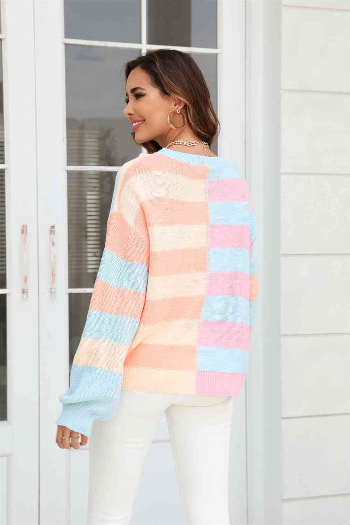 Round Neck Long Sleeve Color Block Dropped Shoulder Pullover Sweater |1mrk.com