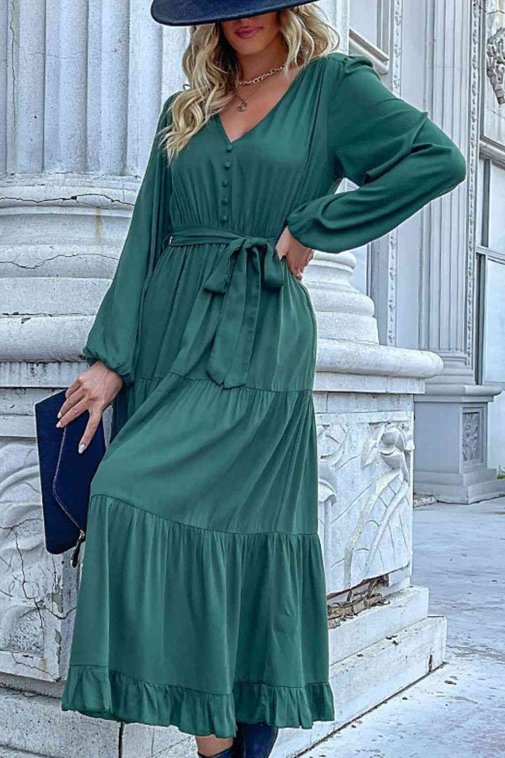 Buttoned V-Neck Puff Sleeve Tiered Dress |1mrk.com