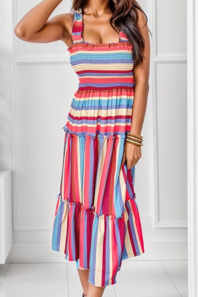 Striped Frill Smocked Tiered Midi Dress |1mrk.com