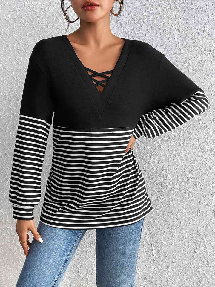 Striped Crisscross V-Neck Long Sleeve T-Shirt | 1mrk.com