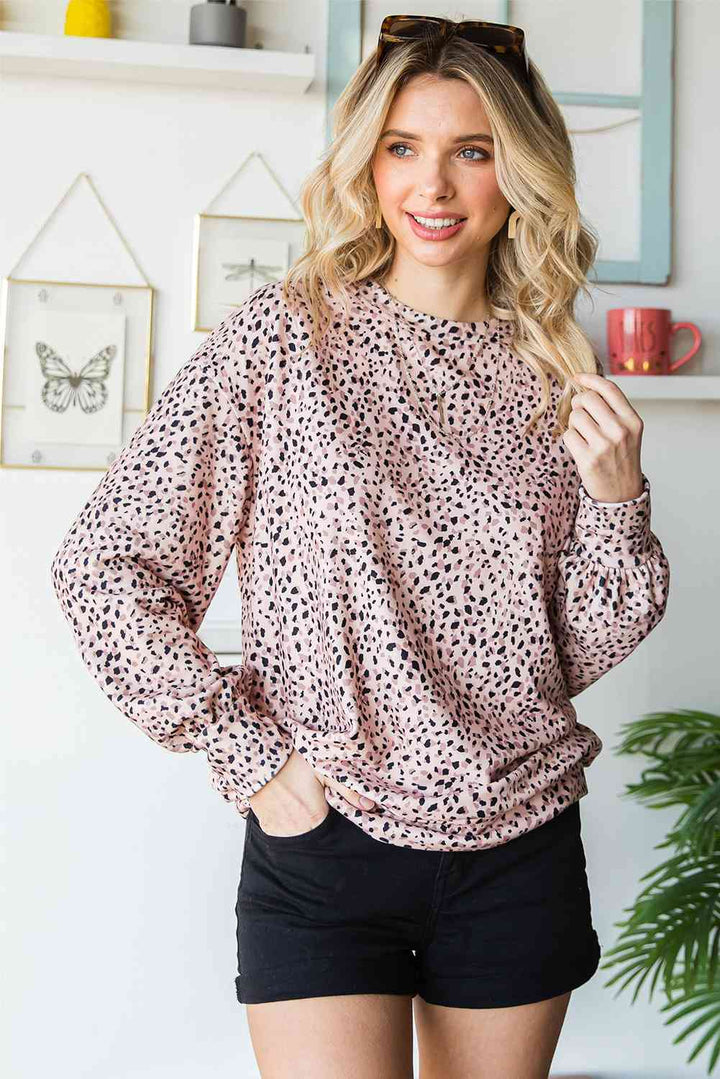 Leopard Print Round Neck Long Sleeve Sweatshirt |1mrk.com