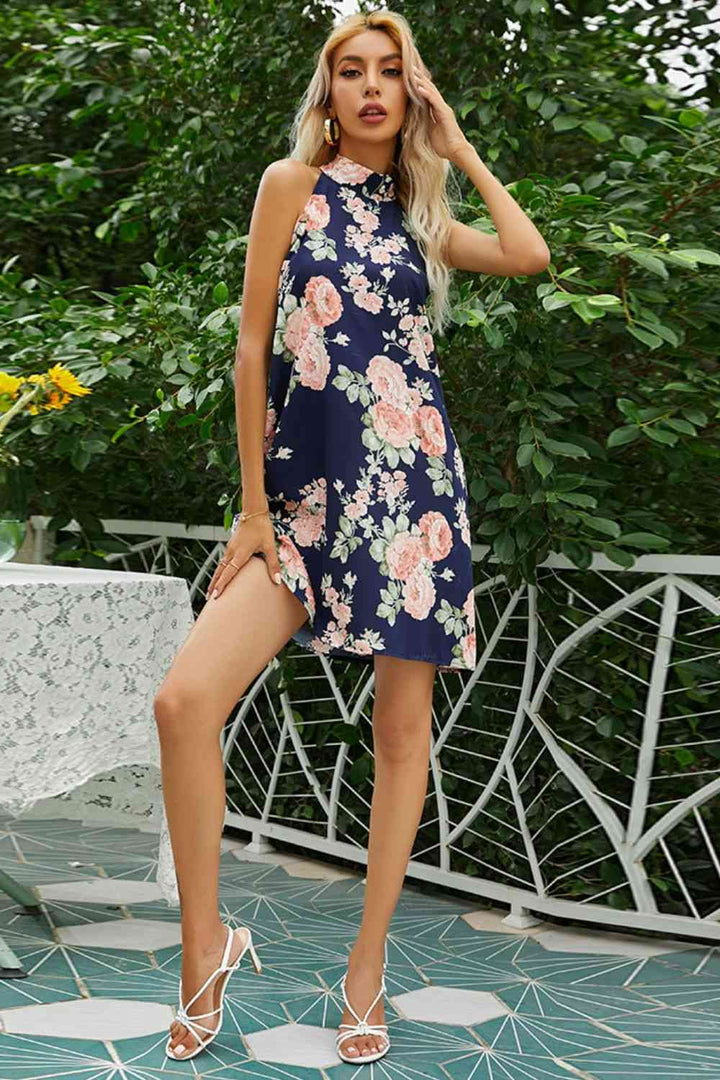 Floral Tied Sleeveless Grecian Neck Mini Dress |1mrk.com