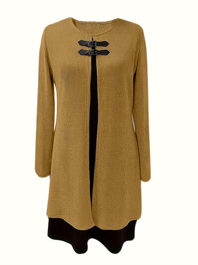 Contrast Ribbed Round Neck Long Sleeve Dress |1mrk.com