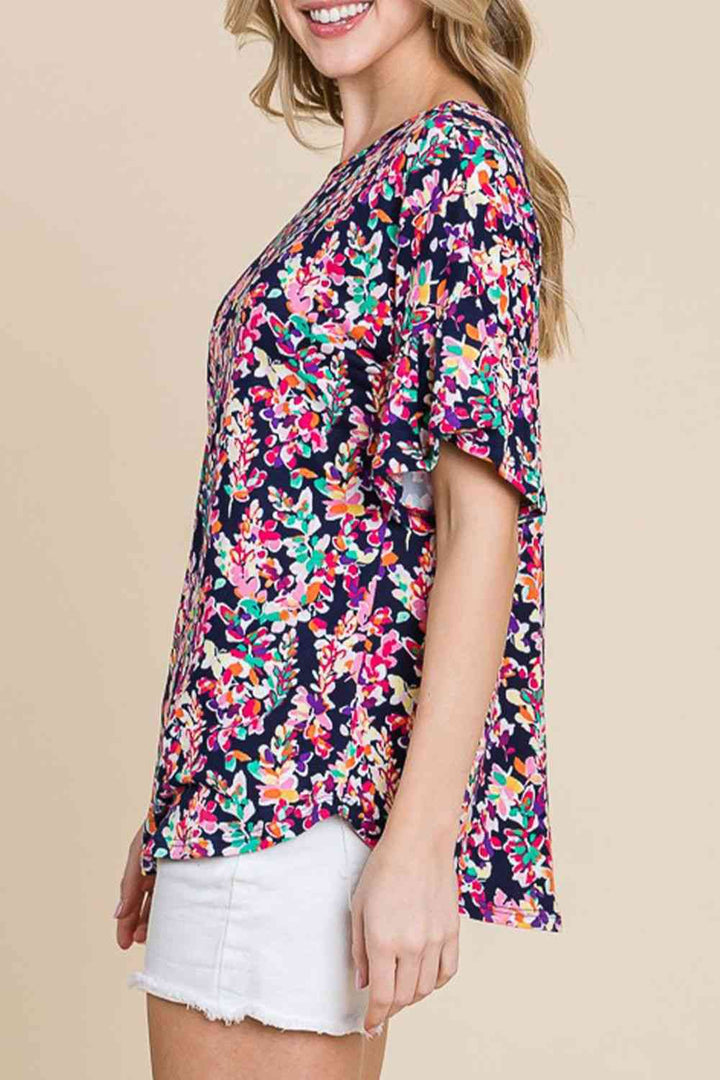 Printed Boat Neck Curved Hem Top | 1mrk.com