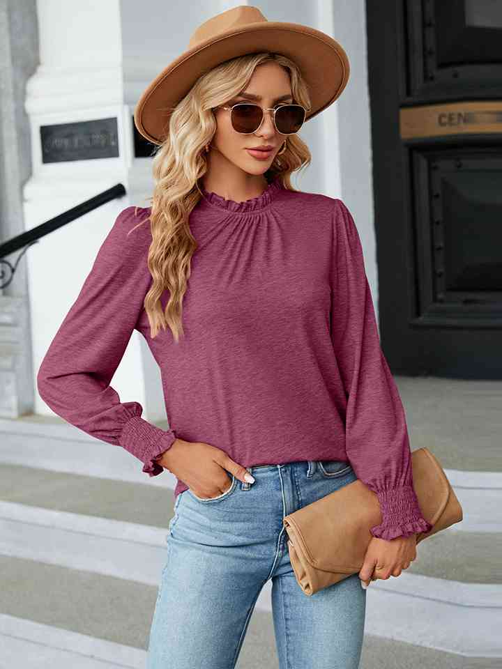 Round Neck Flounce Sleeve Blouse | 1mrk.com