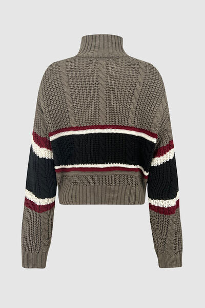 Cable-Knit Striped Quarter Zip Turtleneck Sweater |1mrk.com