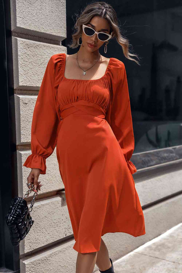 Square Neck Flounce Sleeve Midi Dress |1mrk.com