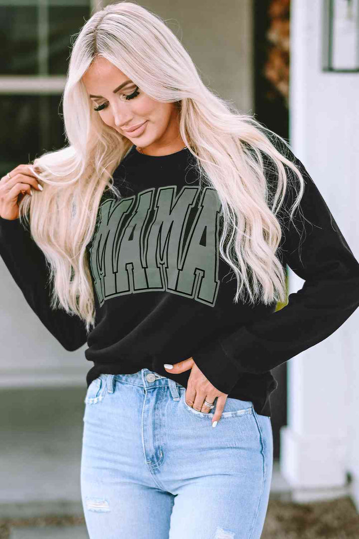 Round Neck Long Sleeve MAMA Graphic Sweatshirt |1mrk.com