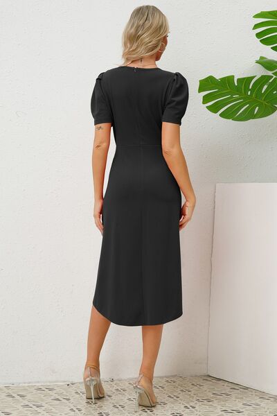 Slit Ruched Round Neck Puff Sleeve Dress |1mrk.com