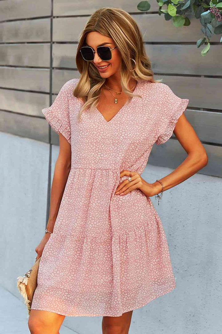 Printed V-Neck Short Sleeve Tiered Dress |1mrk.com