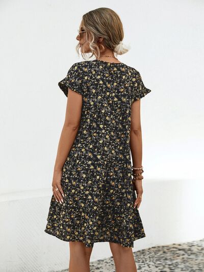 Frill Floral Round Neck Short Sleeve Tiered Dress |1mrk.com