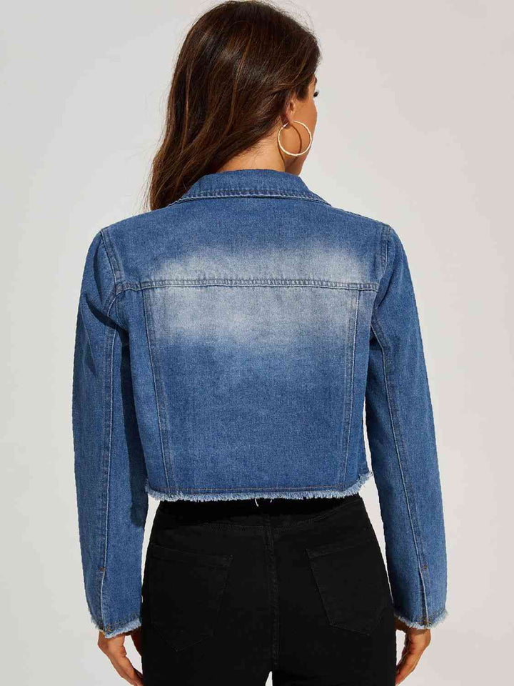 Collared Neck Raw Hem Denim Jacket | 1mrk.com