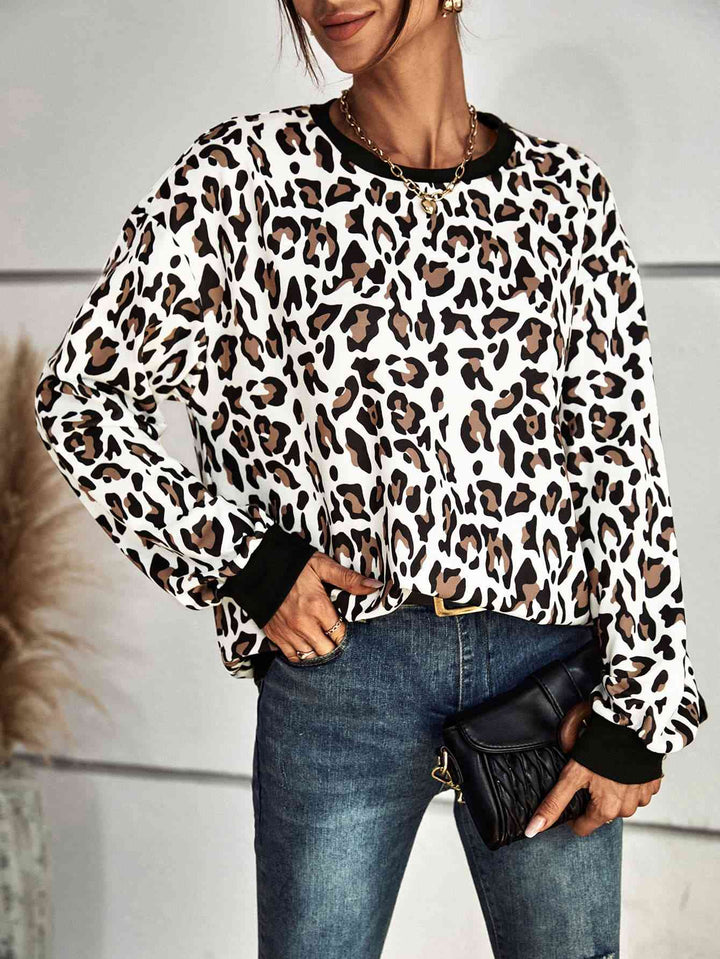 Leopard Round Neck Dropped Shoulder Sweatshirt |1mrk.com