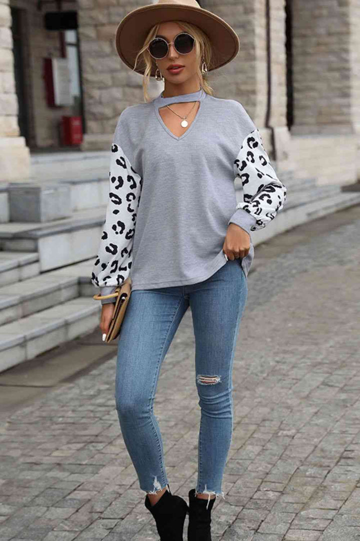 Leopard Print Cutout Long Sleeve Tee | 1mrk.com