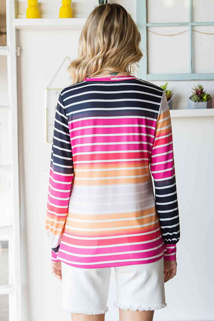 Gradient Striped Long Sleeve V-Neck Top |1mrk.com