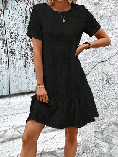 Round Neck Short Sleeve Ruffle Hem Dress |1mrk.com