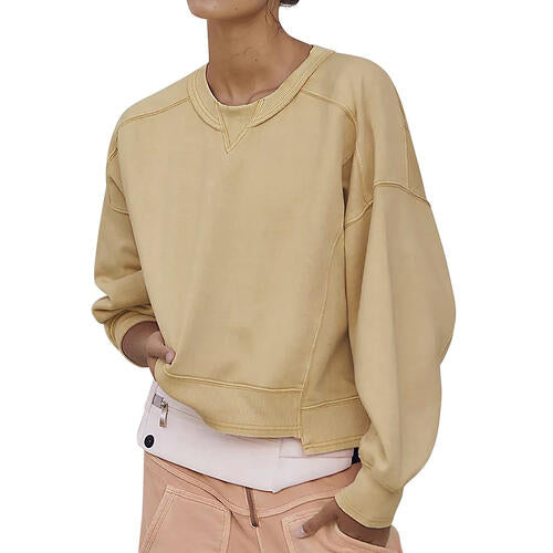 Round Neck Drop Shoulder Long Sleeve Sweatshirt |1mrk.com