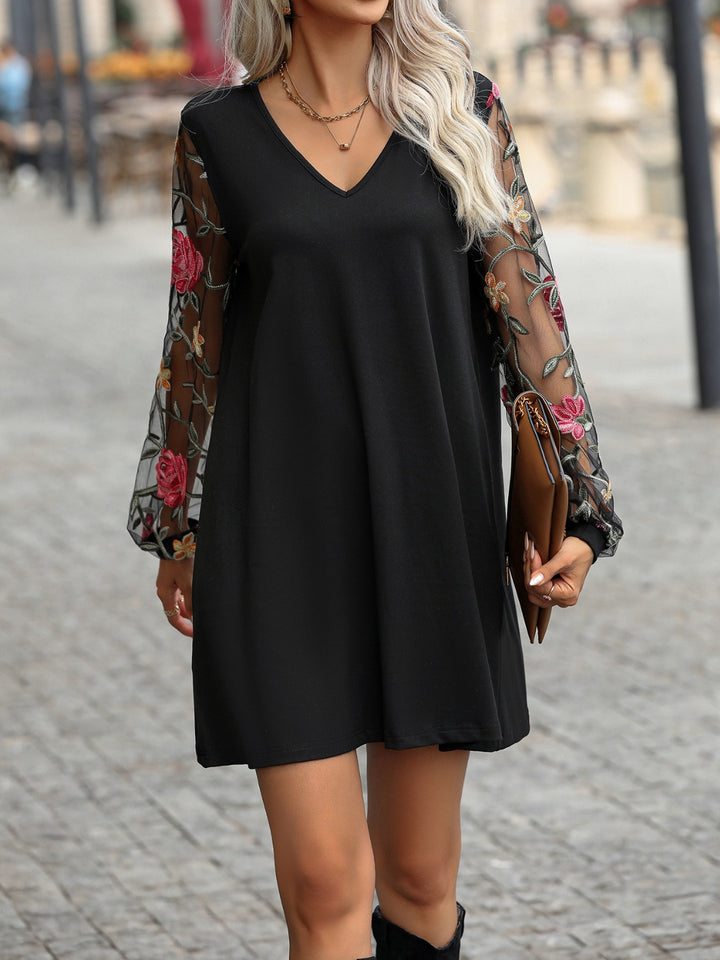 Embroidered V-Neck Long Sleeve Dress | Trendsi